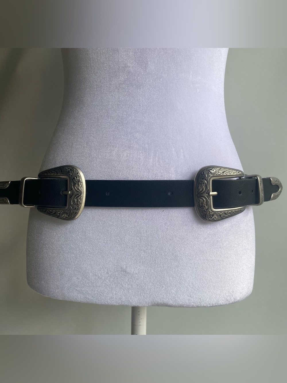 Topshop black faux leather silver double buckle western belt festival Southwest